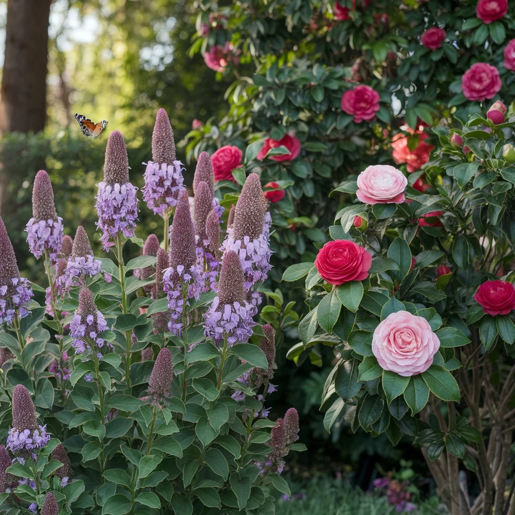  butterfly bush and camellia blooming side by side in a garden