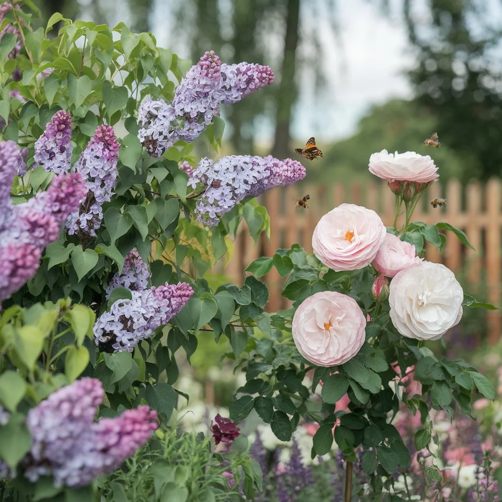 lilac and rose of Sharon bushes in full bloom in a sunlit garden