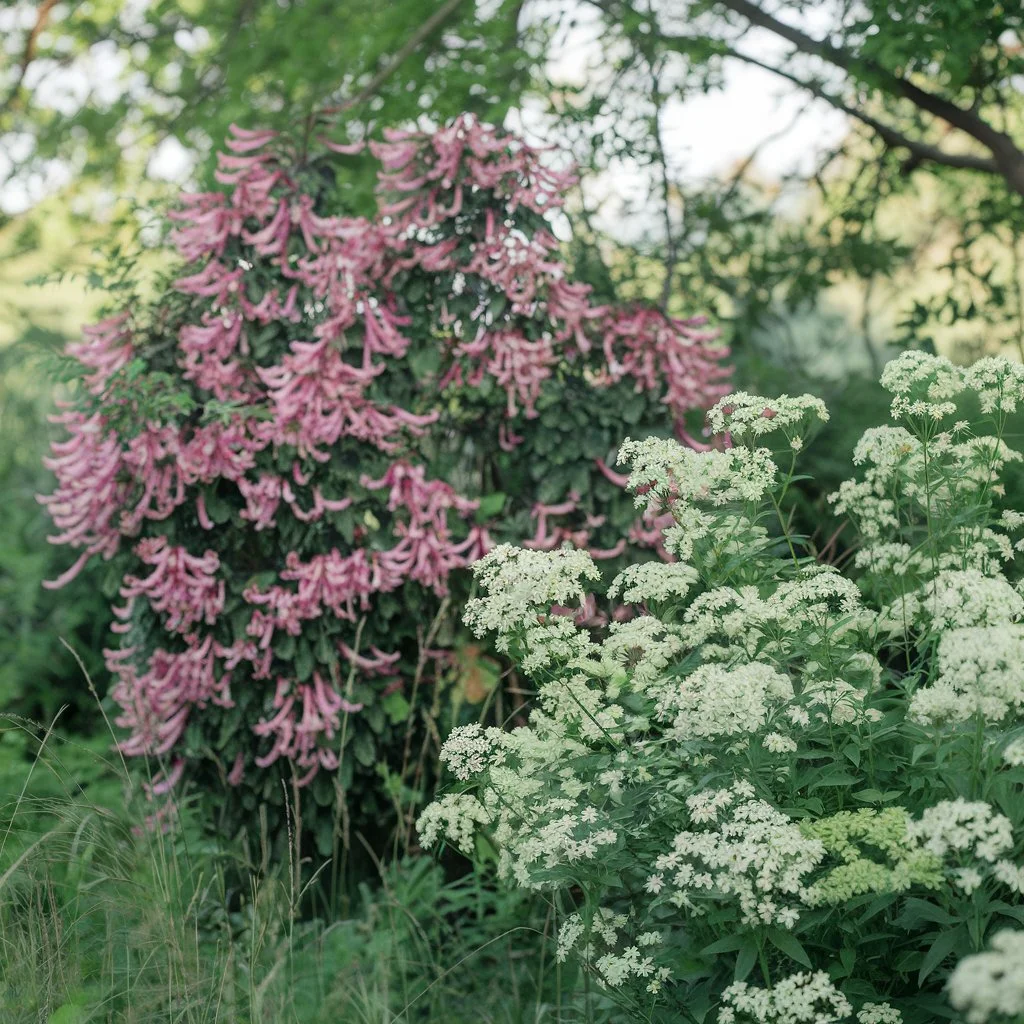 weigela and spirea bushes in a spring garden