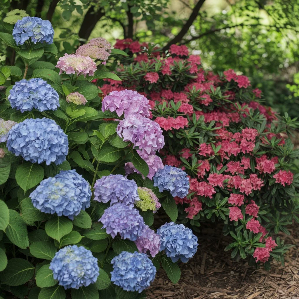  image of a garden with blooming hydrangeas and azaleas side by side