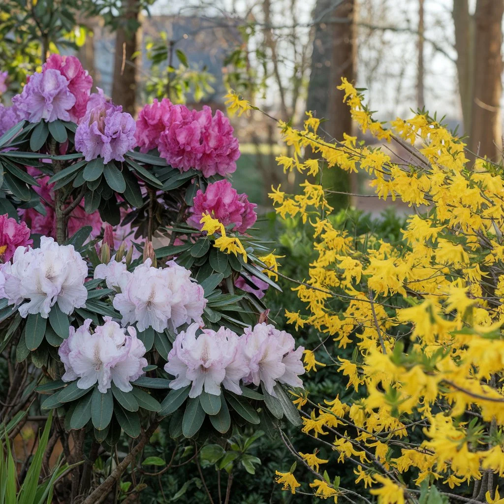 rhododendrons and forsythia bushes in a colorful yard